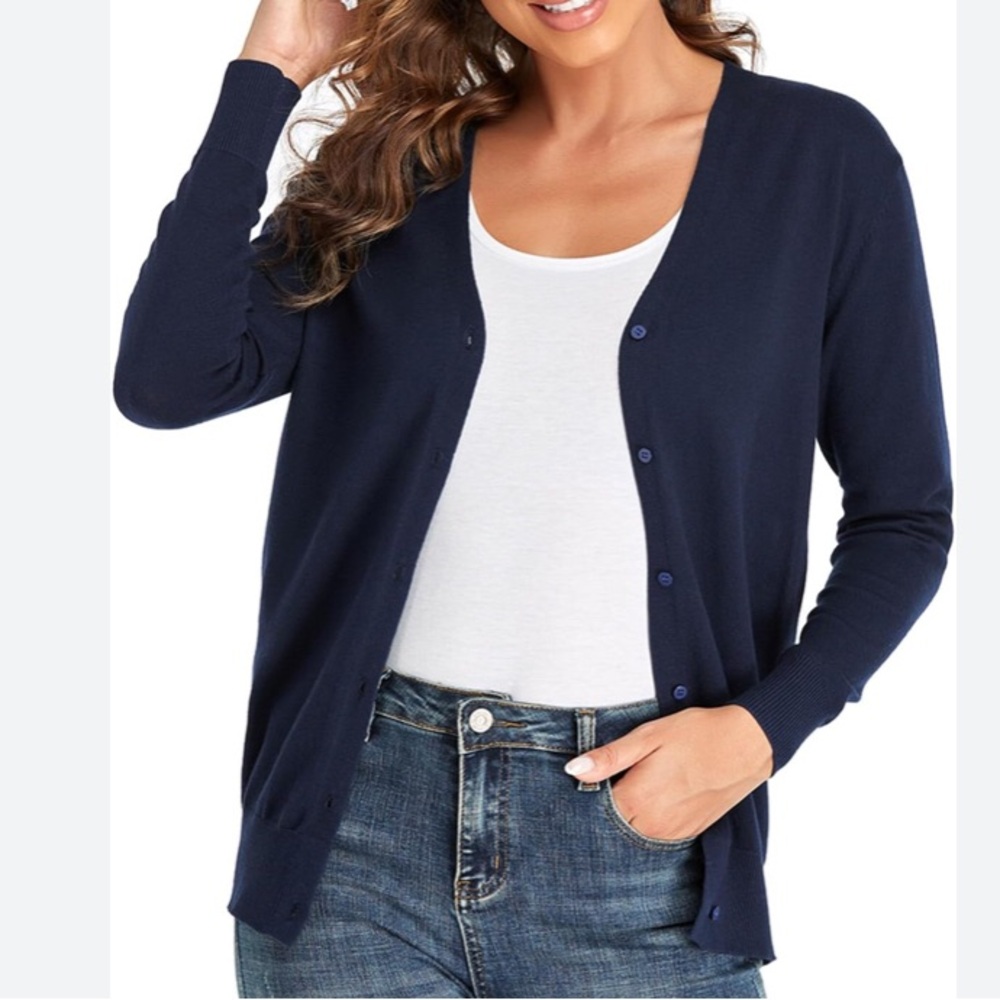 lft Navy Fine Knit V-Neck Button Down Long Sleeves Cardigan Sweater XL